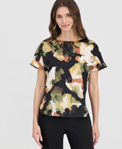 Женский топ Anne Klein Petite Bateau Neck Short-Sleeve Printed