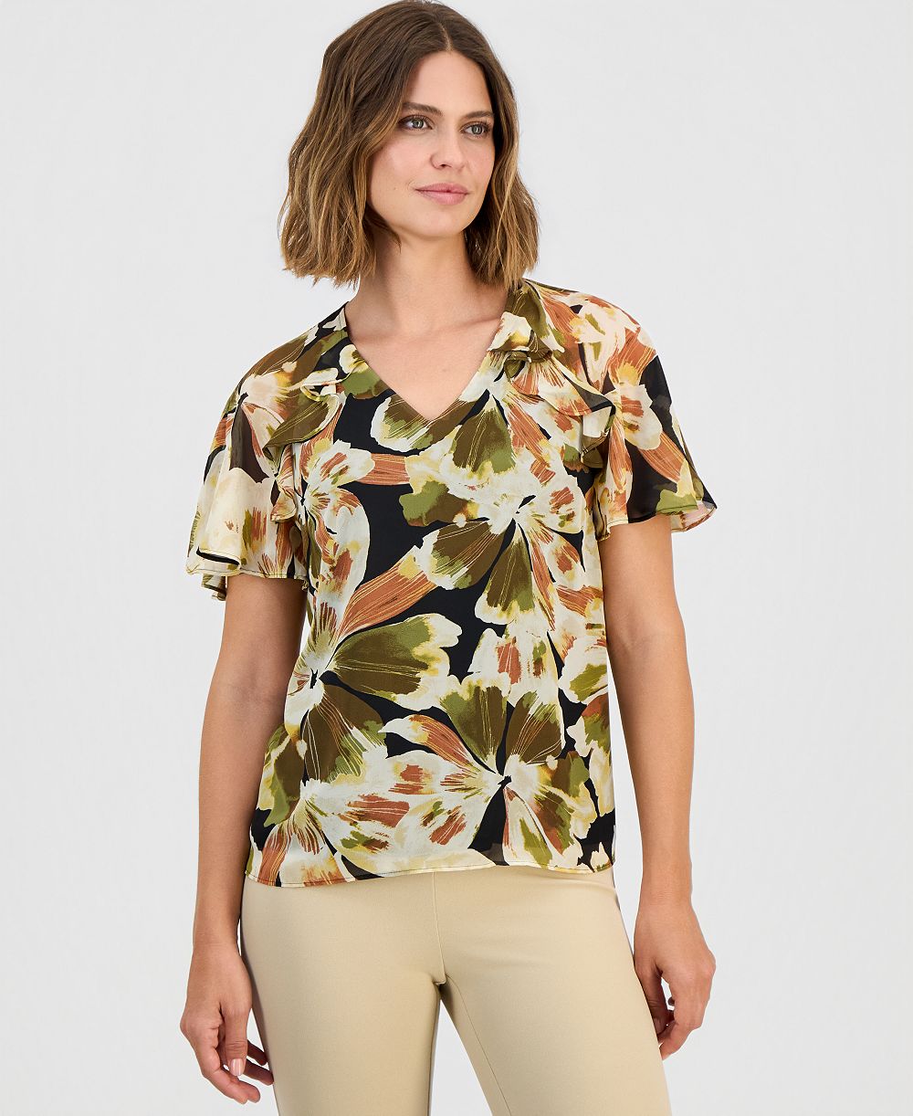 Anne Klein Petite V-Neck Ruffle-Sleeve Blouse