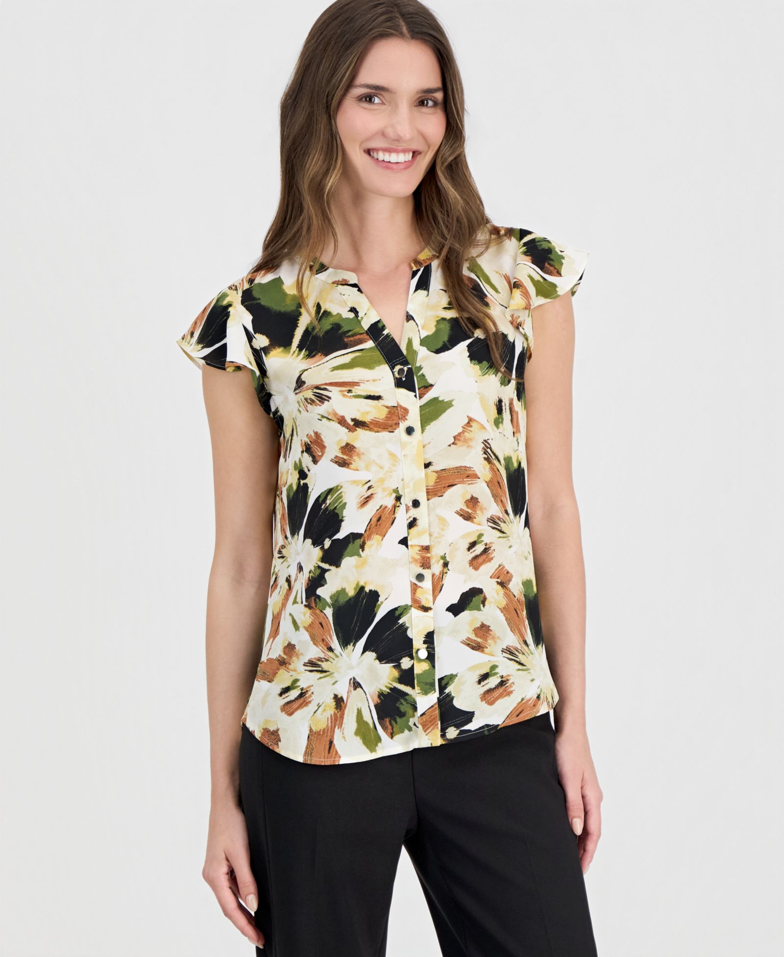 Anne Klein Petite Printed Split-Neck Flutter-Sleeve Blouse