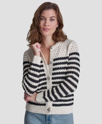 DKNY Jeans Petite Long-Sleeve Stripe Pointelle Stitch Cardigan