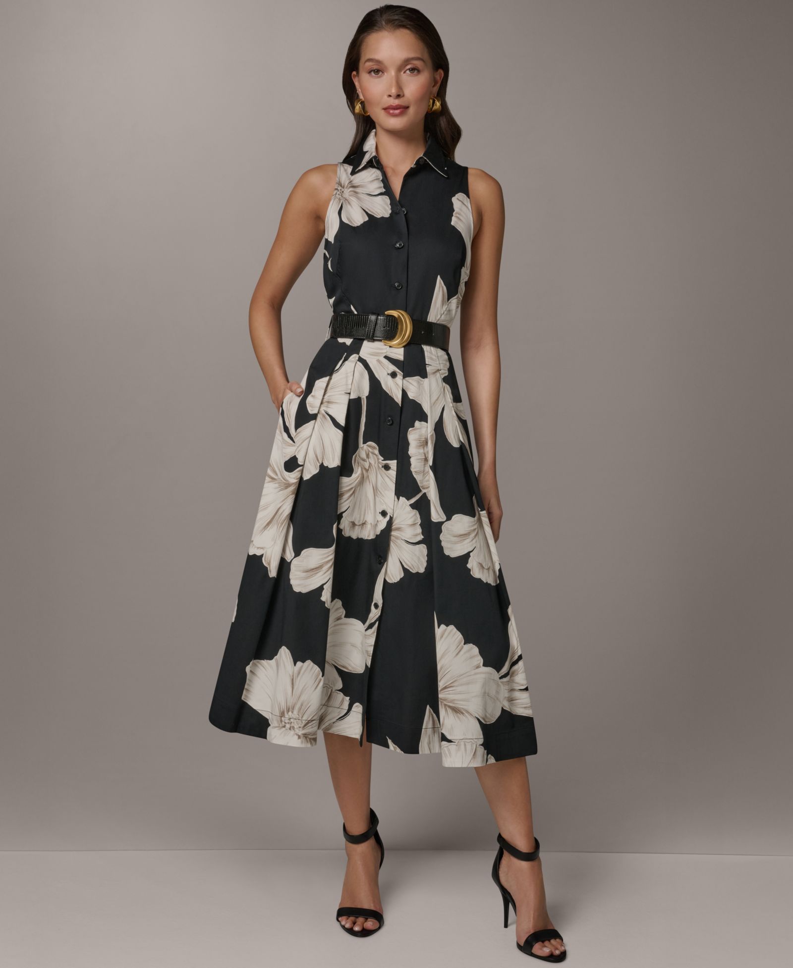 Donna Karan New York Petite Sleeveless Floral Collared Midi Shirt-Dress