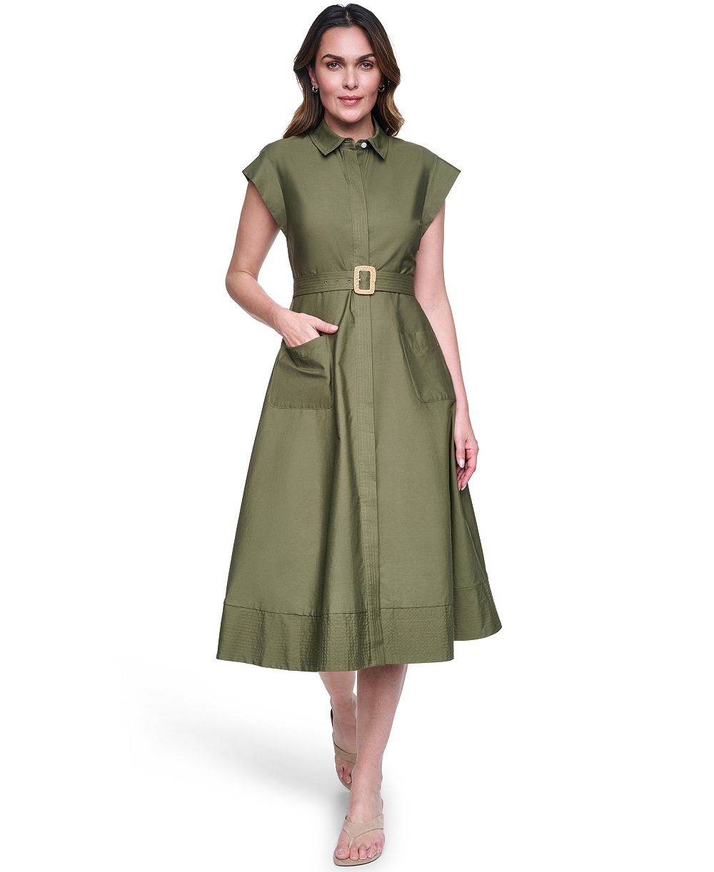 Eliza J Petite Trapunto Stitch Collared Button-Down Midi Shirt-Dress