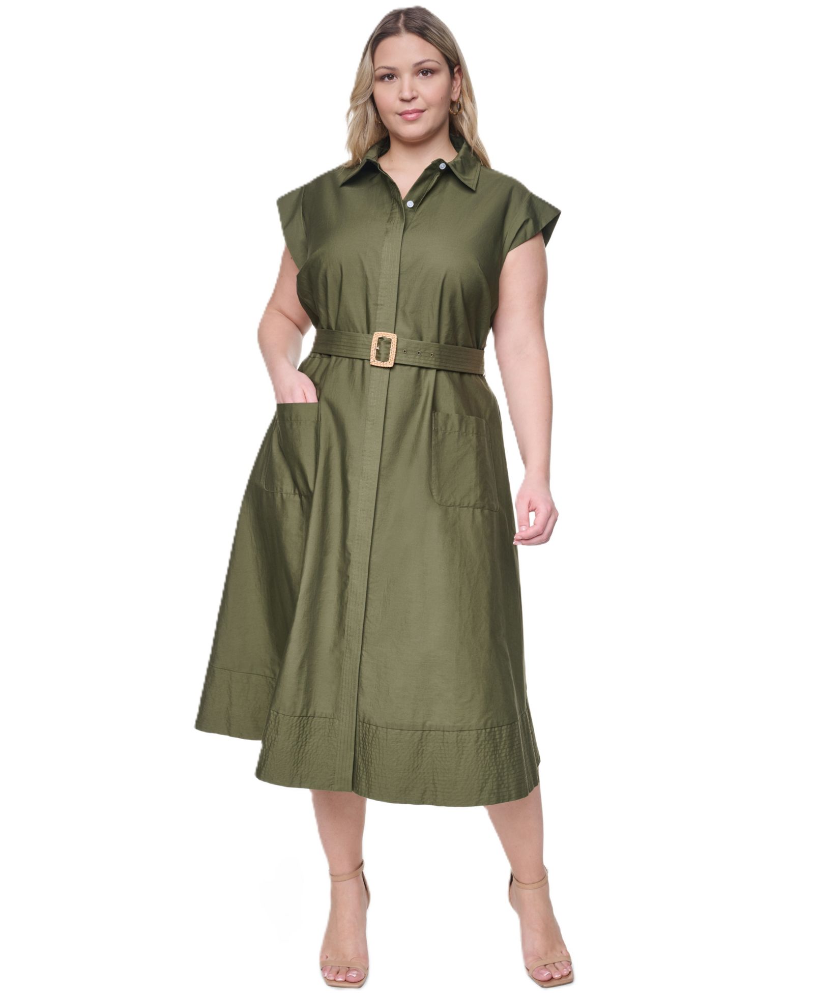 Eliza J Plus Size платье-рубашка миди с поясом и коротким рукавом, стеганое