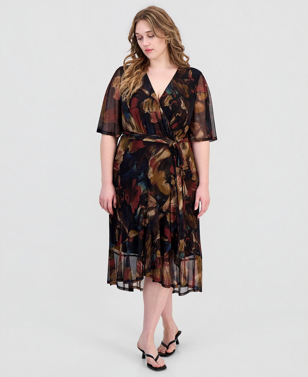Платье Connected Plus Size Printed Flutter-Sleeve Faux-Wrap Midi