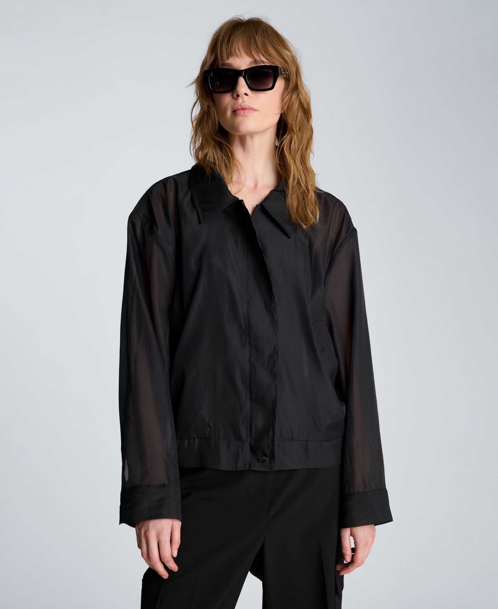 Kenneth Cole Women's Collared Neck Sheer Bomber Jacket