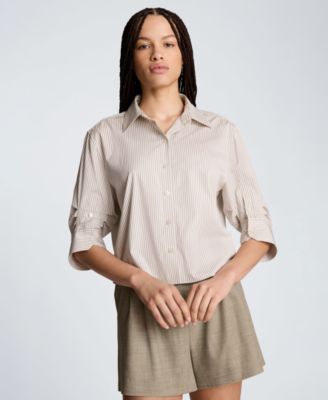 Женская рубашка Kenneth Cole с воротником, в полоску, укороченная, с плиссированными рукавами