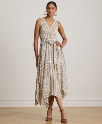 Lauren Ralph Lauren Petite V-Neck Handkerchief-Hem Dress