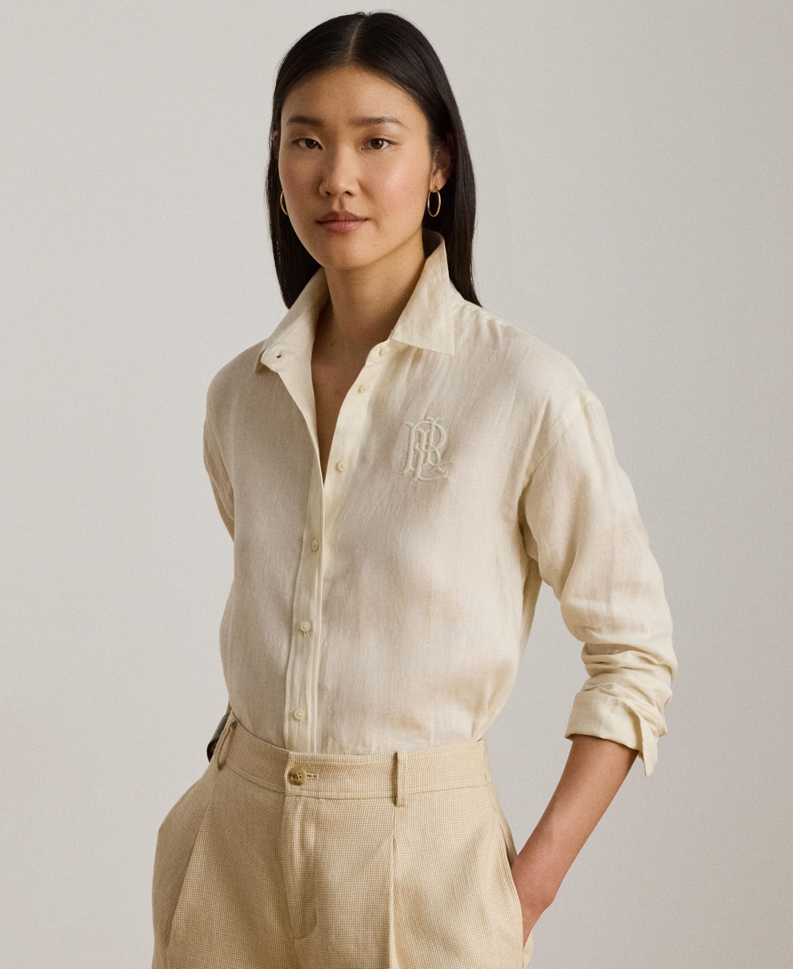 Lauren Ralph Lauren Women's Buttoned Placket Long-Sleeve Linen Shirt
