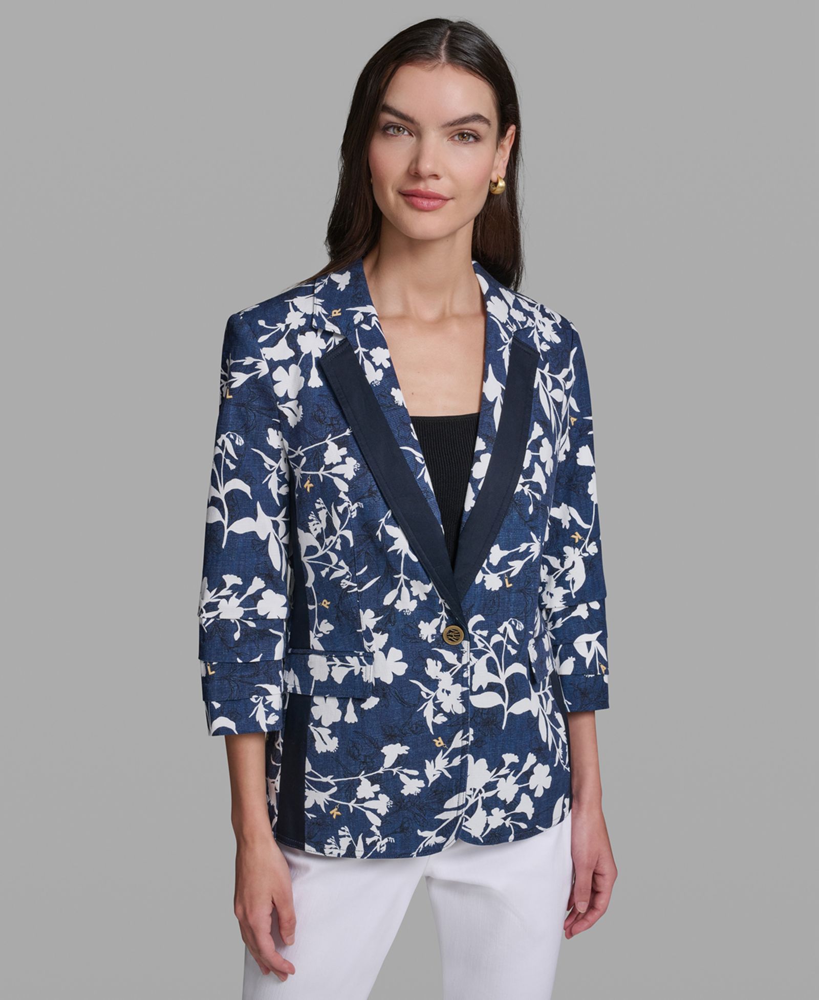 KARL LAGERFELD PARIS Petite Printed Collared Neck Blazer