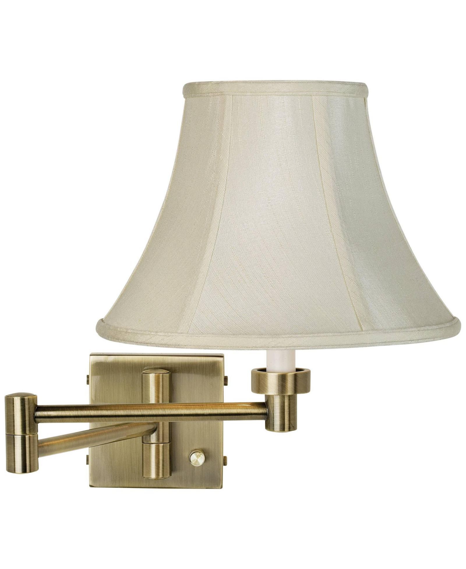 Barnes and Ivy Modern Swing Arm Wall Lamp Antique Brass Plug-In Light Fixture Creme Fabric Bell Shade Bedroom Bedside Living Room