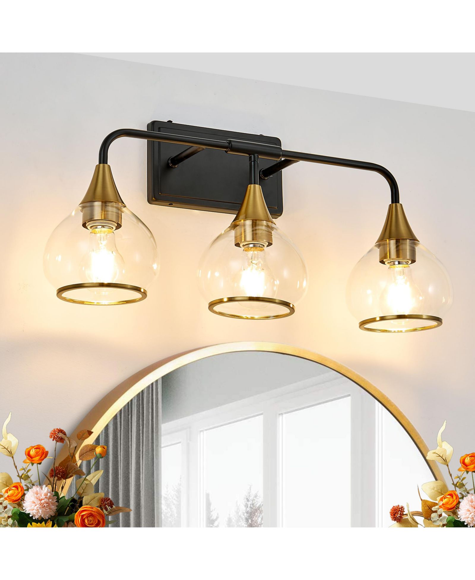 BUSDAYS 23 Inch Modern 3 Light Vanity Wall Sconce Black Gold Fixture Clear Glass Shades Industrial Wall Lamp for Bathroom Mirror Living Room Bulb