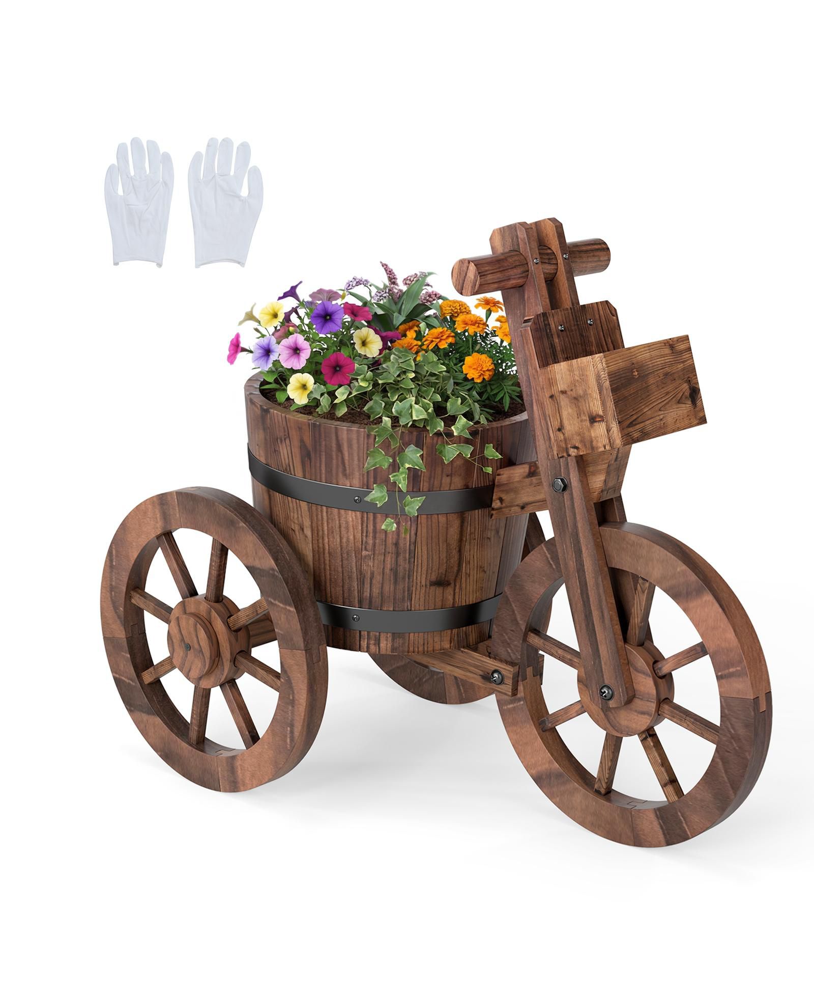 Rustic Carbonized Wood Tricycle Planter with Storage Box, 21.5 x 11.5 x 13.5 in