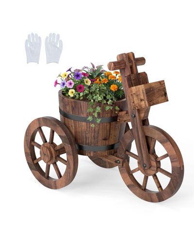 Rustic Carbonized Wood Tricycle Planter with Storage Box, 21.5 x 11.5 x 13.5 in
