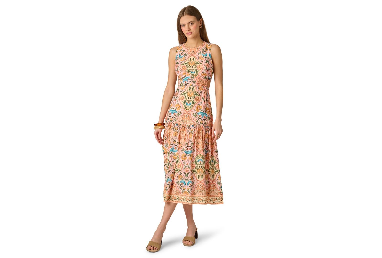 Женское миди-платье Adrianna Printed Sleeveless Crewneck Petal Trim