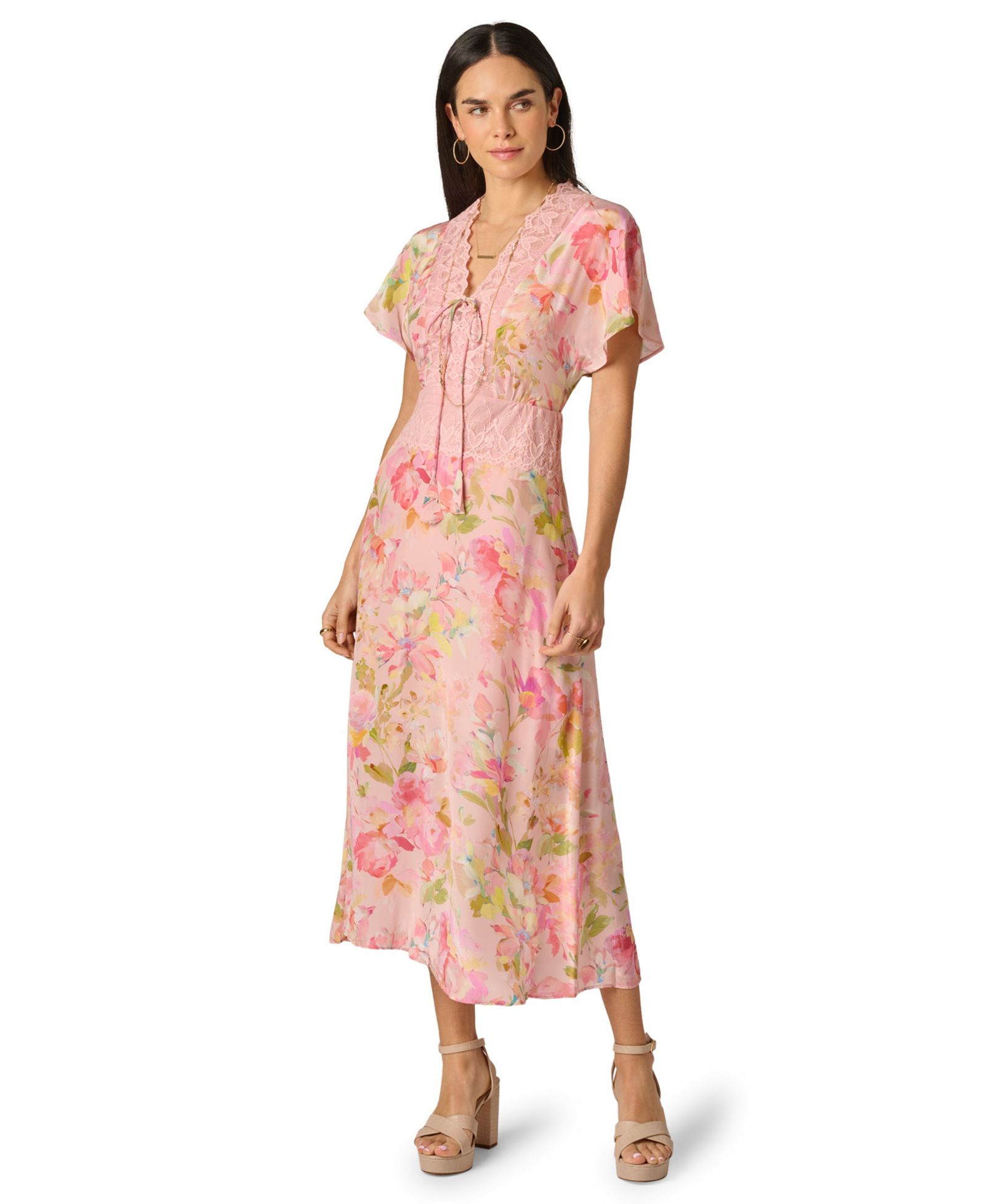 Adrianna Women's Printed V-Neck Lace Trimming Satin Dress