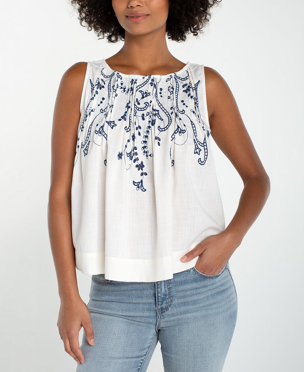 Liverpool Los Angeles Petite Boat Neck Embroidered Blouse