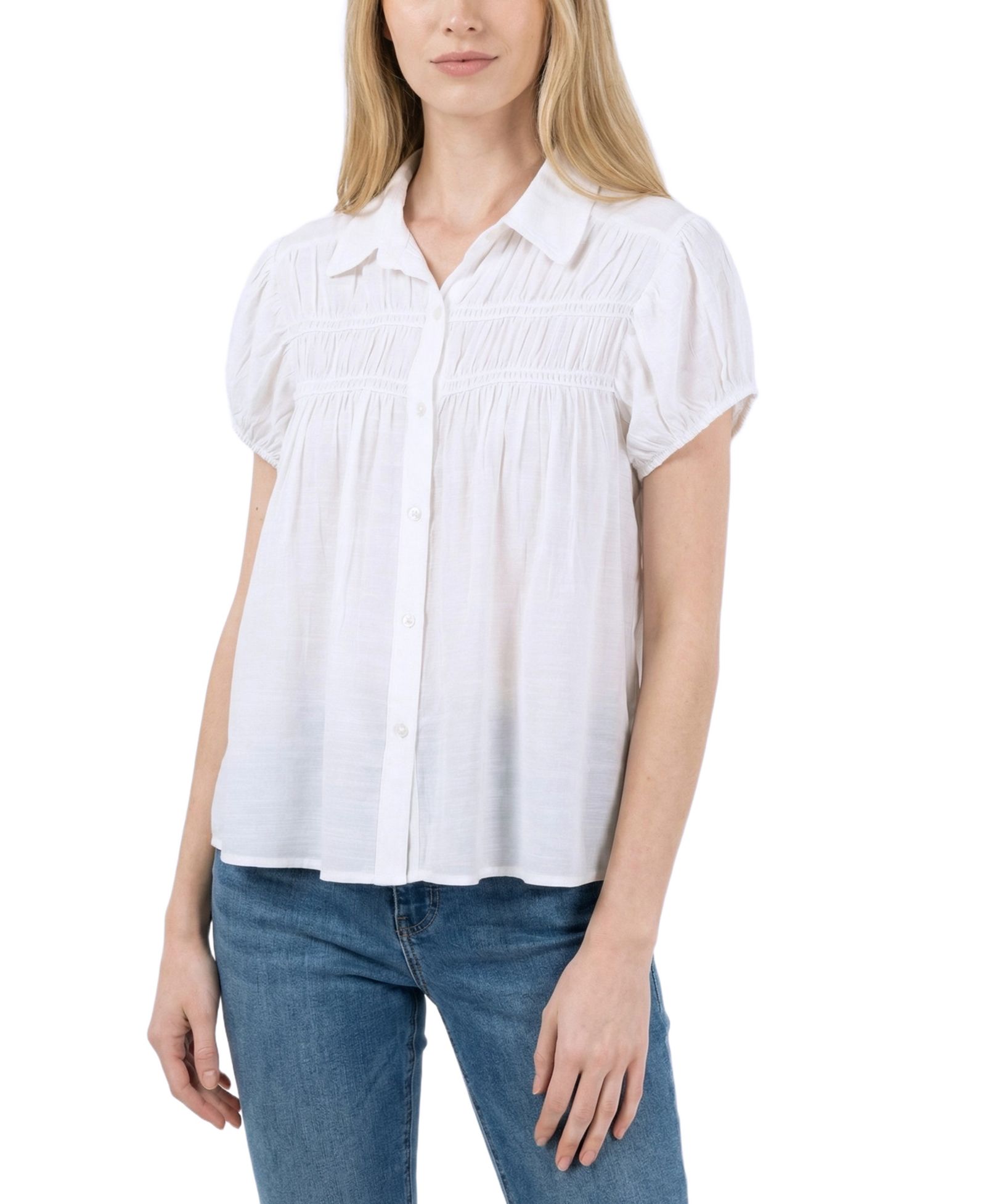 Топ NY Collection Petite Collared Rouched Yoke