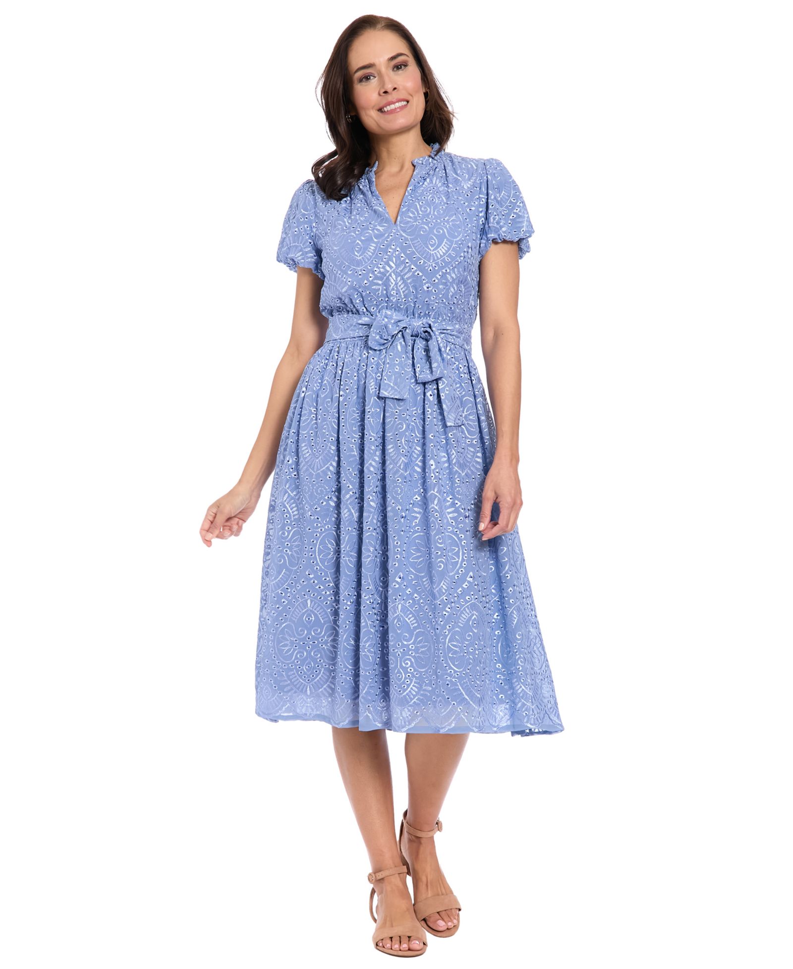 Платье London Times Petite Ruffle Neck Bubble-Sleeve Elastic Waistband Midi