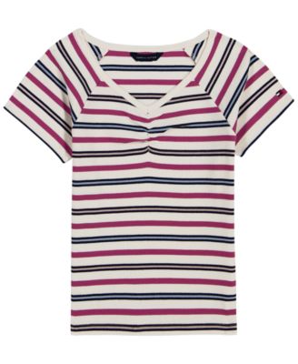Tommy Hilfiger Girls' 7-16 Striped Ribbed V-Neck Short-Sleeve Top