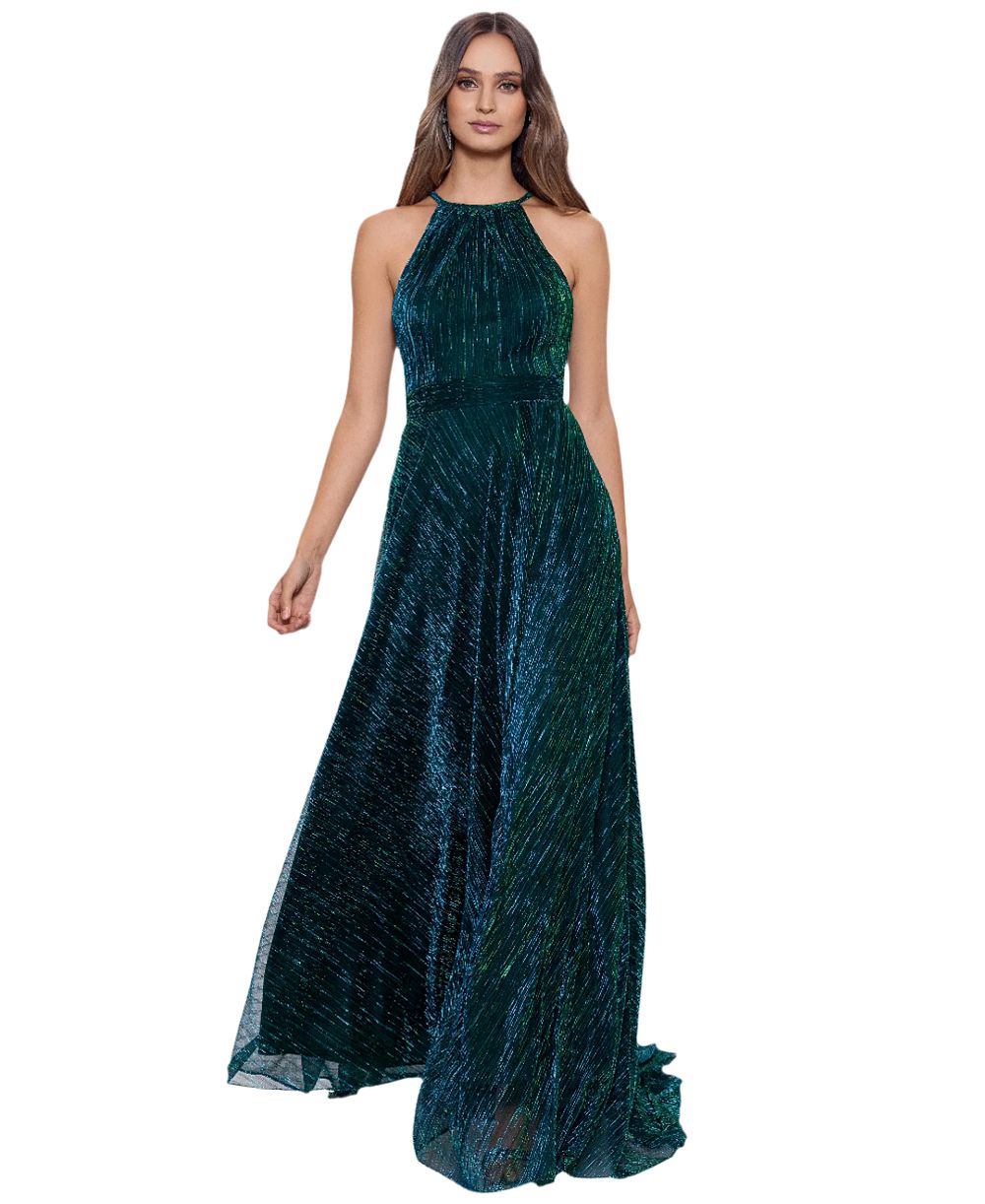 B&A By Betsy and Adam Petite Metallic Halter Gown