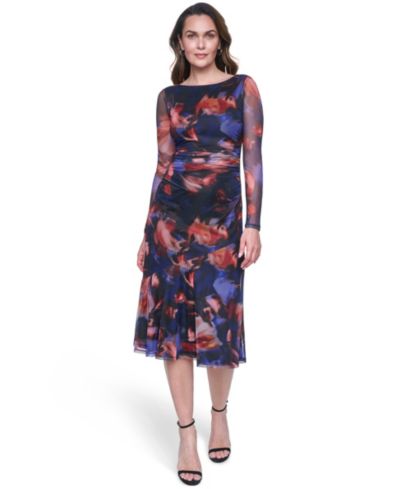 Платье Vince Camuto Petite Long-Sleeve Side Ruched Mesh Midi