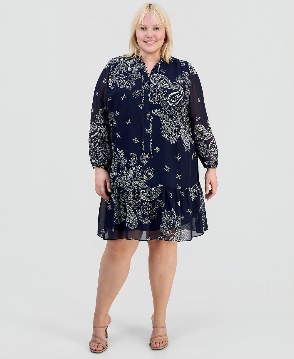 Robbie Bee Plus Size Printed Chiffon Tie-Neck Tiered Dress