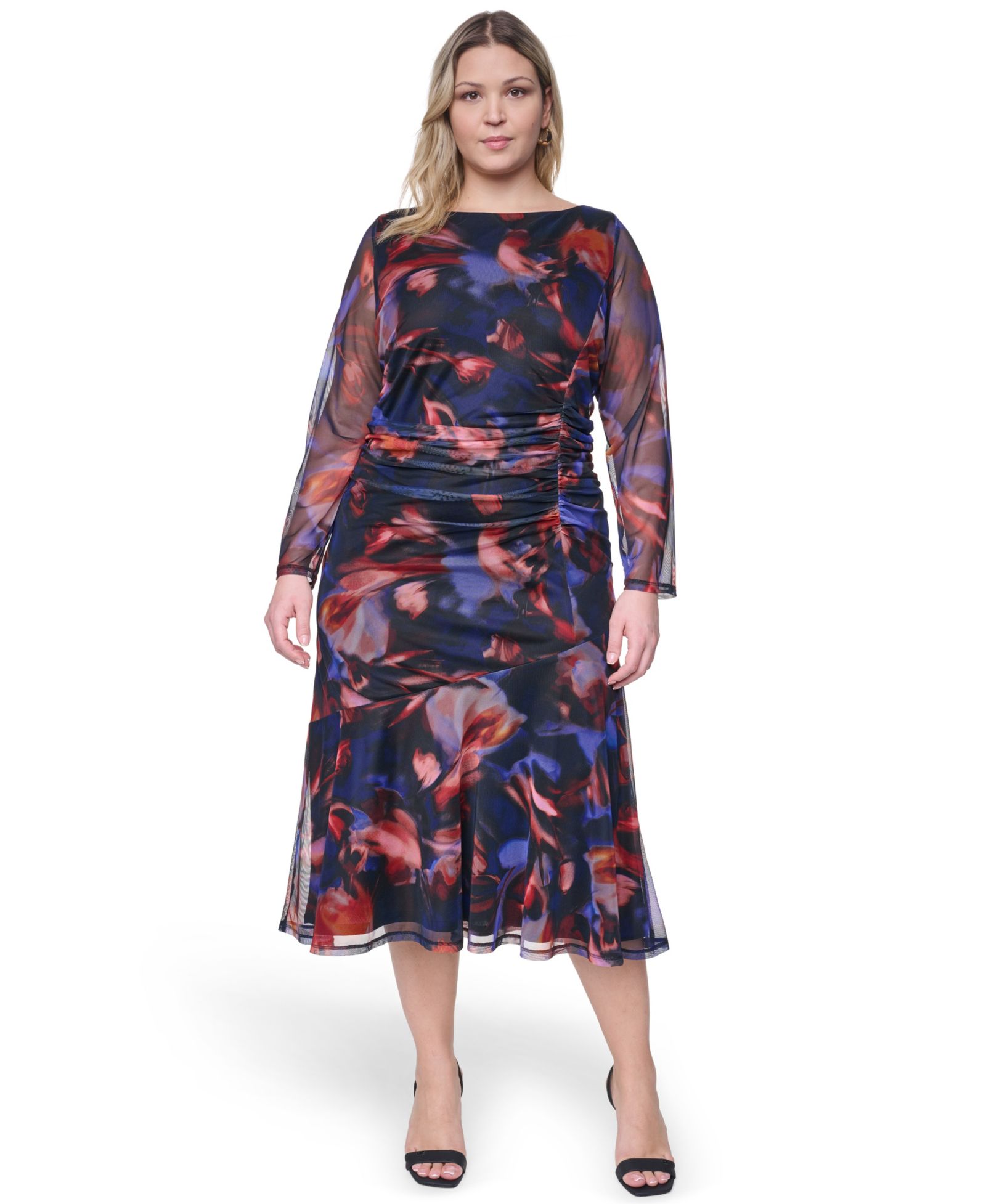Женское миди-платье Vince Camuto Plus Size Printed Side Ruched Mesh