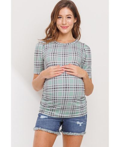 Топ Hello Miz Maternity Plaid Ruched Puff Sleeve Fitted