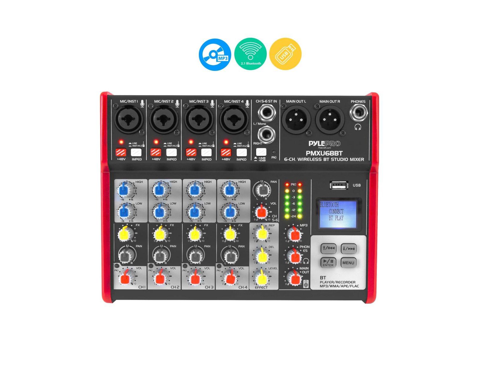 Pyle 6-Channel Pro Audio Bluetooth USB Interface Studio DJ Mixer