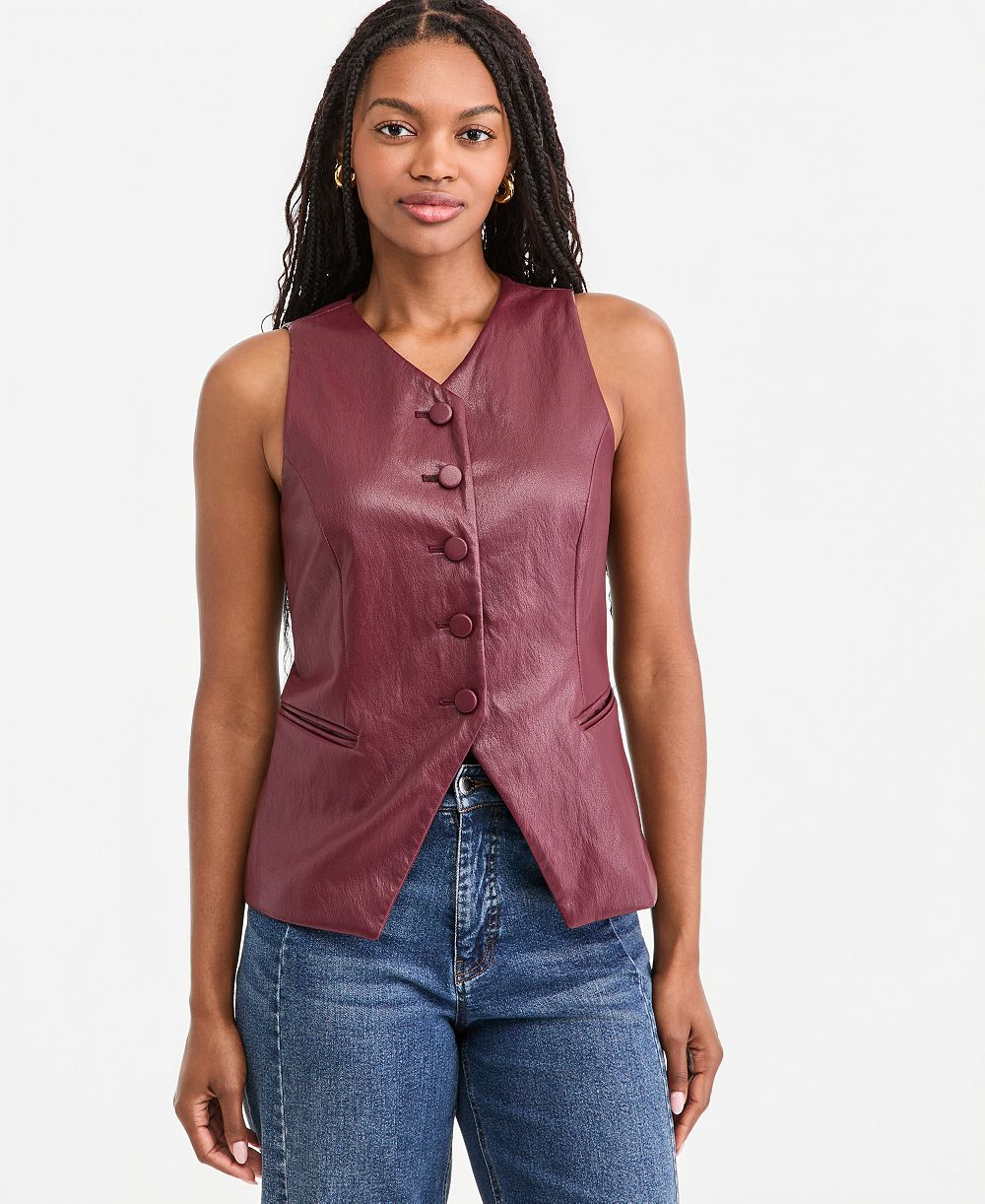 On 34th Women's Woven Faux Leather V-Neck Vest, Macy's Exclusive