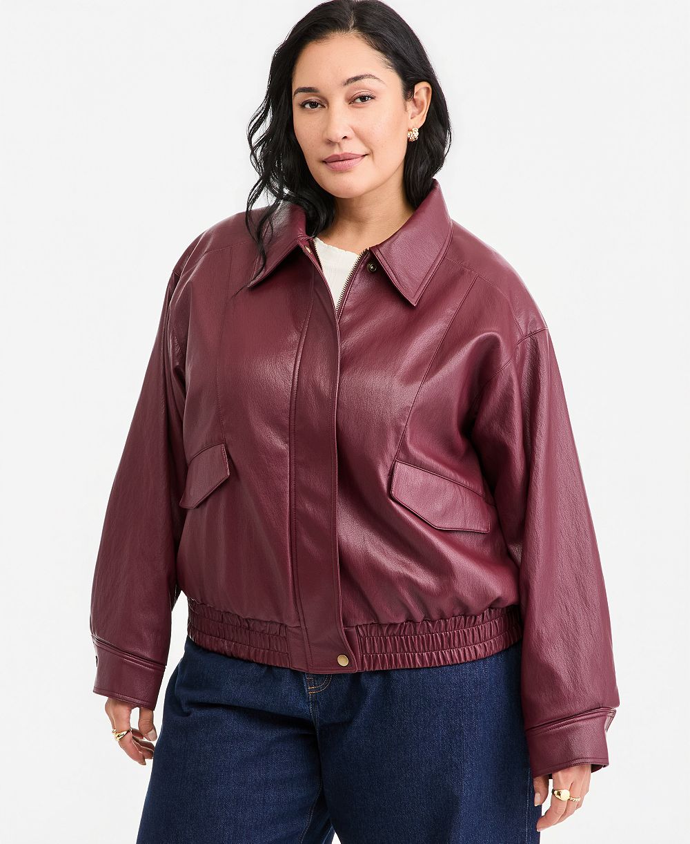 On 34th Plus Size Long-Sleeve Faux Leather Bomber Jacket, Macy's Exclusive