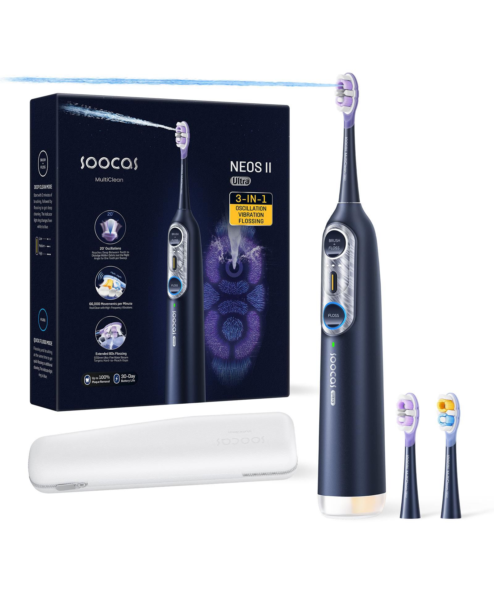 Soocas NEOS II Ultra - Electric Toothbrush with Water Flosser Combo, 3-in-1: Flosses, Vibrates and Oscillates