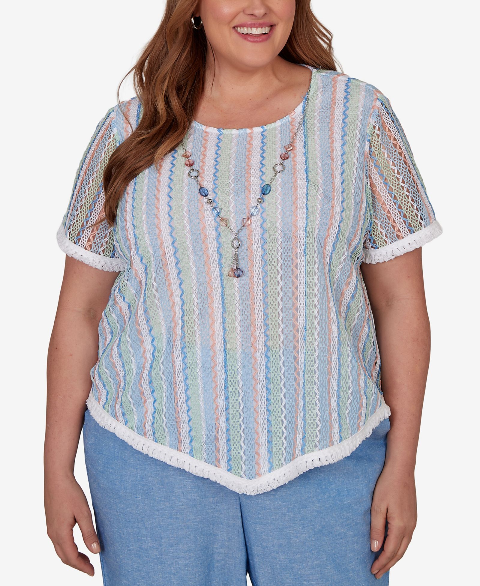 Alfred Dunner Plus Size Caribbean Blues Textured Stripe T-Shirt with Necklace