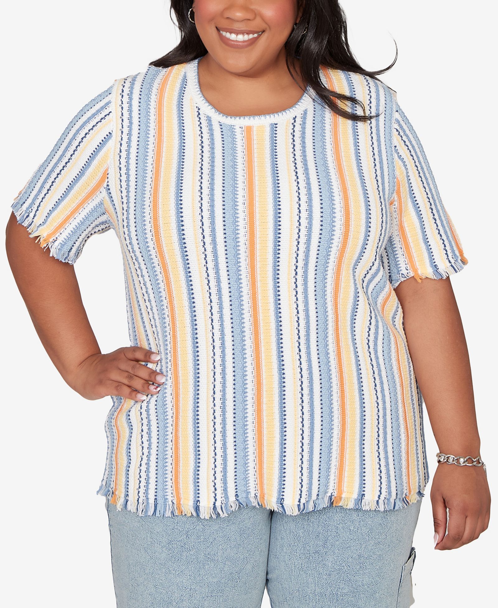 Alfred Dunner Plus Size Out of the Blue Textured Fringe Stripe T-Shirt