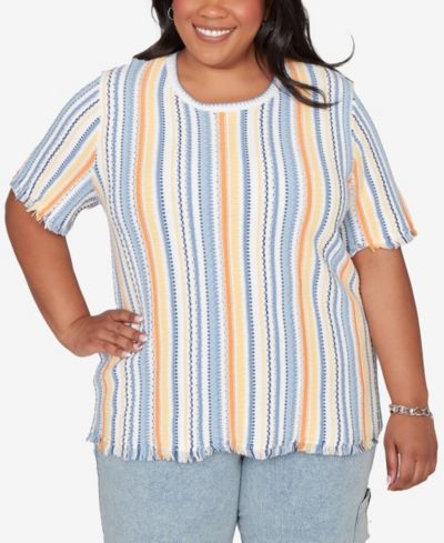 Alfred Dunner Plus Size Out of the Blue Textured Fringe Stripe T-Shirt