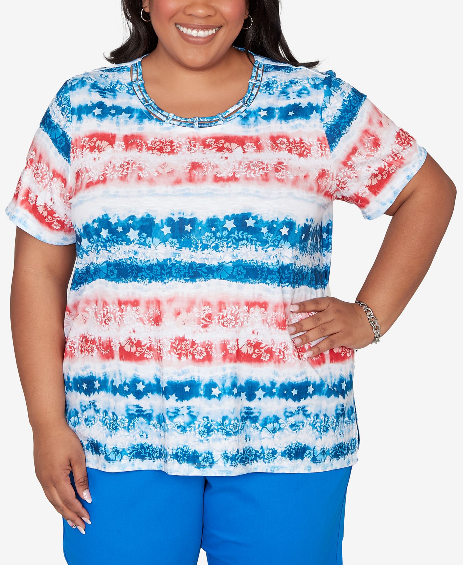 Alfred Dunner Plus Size Lady Liberty Americana Tie Dye Stripes T-Shirt