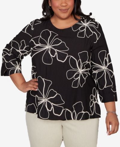 Женский топ Alfred Dunner Plus Size Detail Driven Flower Soutache Three Quarter-Sleeve
