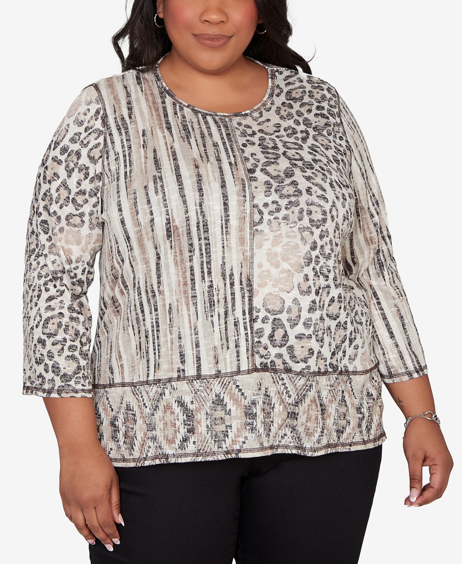 Alfred Dunner Plus Size Detail Driven Spliced Aztec Animal Skin Crewneck Top