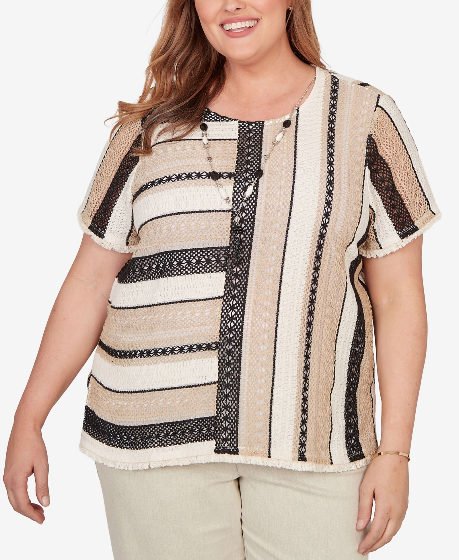 Alfred Dunner Plus Size Detail Driven Textured Spliced T-Shirt with Necklace