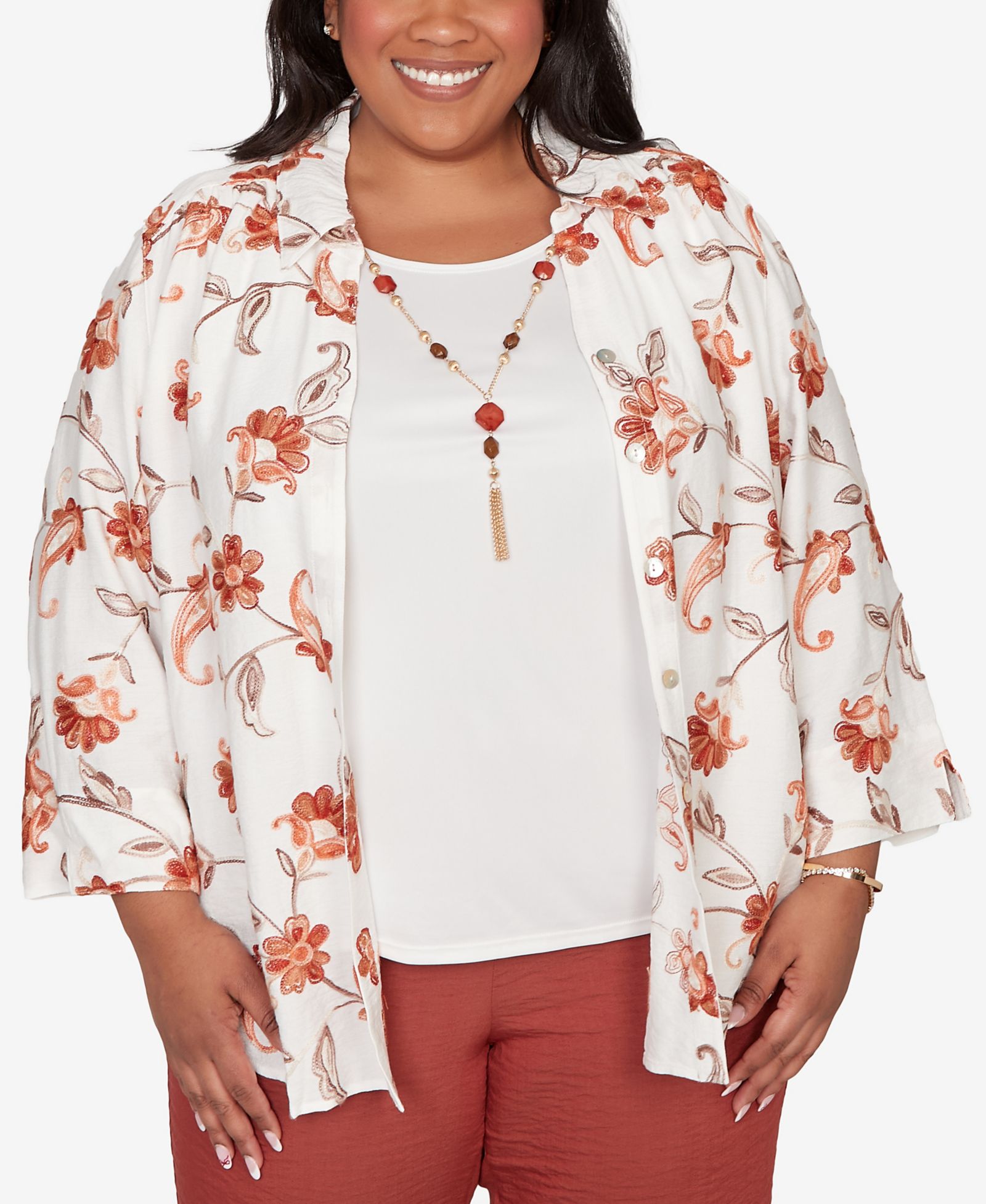 Alfred Dunner Топ Alfred Dunner Plus Size Spice Market Paisley Floral Collared Two-in-One с ожерельем