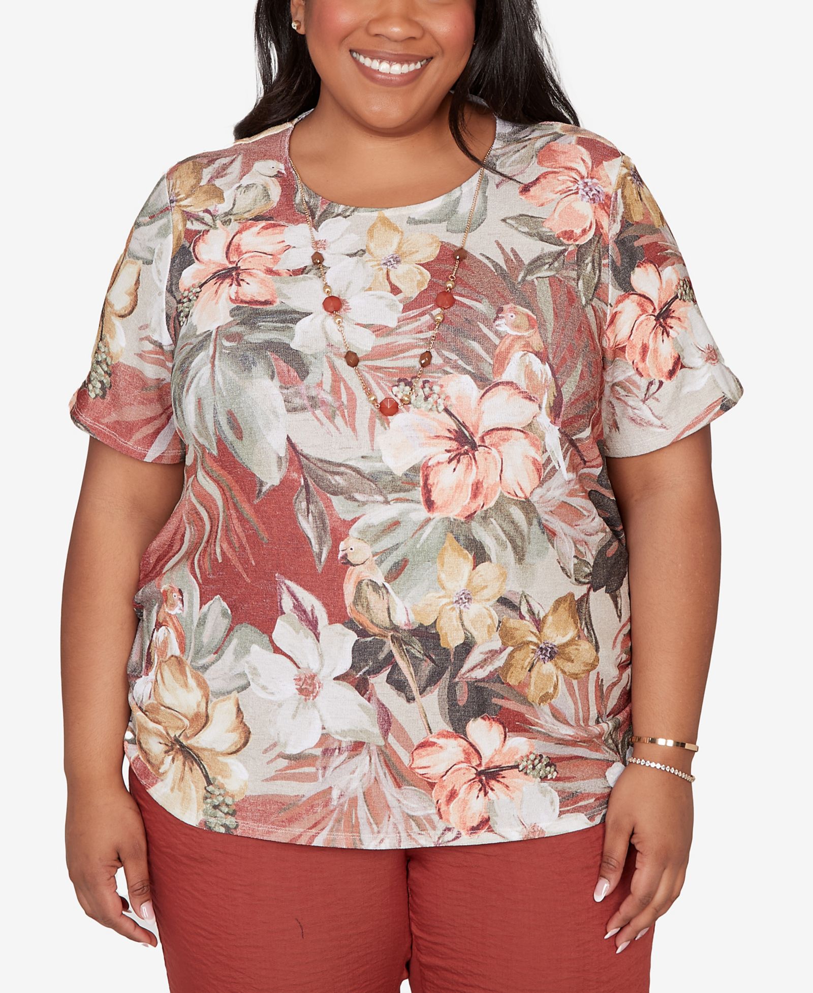 Alfred Dunner Plus Size Spice Market Dramatic Floral T-Shirt with Necklace