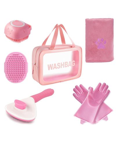 ARONKL 6pcs Dog Washing Kit with Brush Shampoo Scrubber Gloves Quick Dry Towel Waterproof Organizer Bag