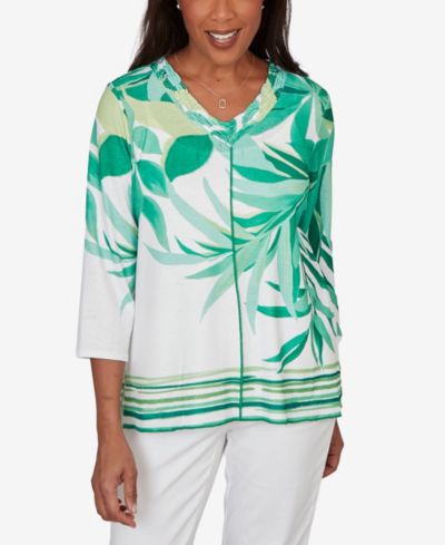 Alfred Dunner Женский топ с V-образным вырезом и узором Artisan Leaf, стиль Resort Living