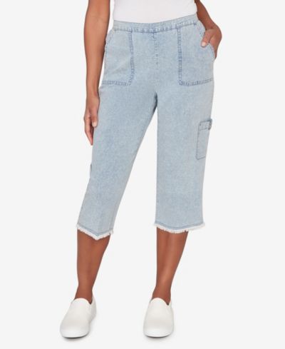 Alfred Dunner Women's Out of the Blue Fringe Denim Patch Pocket Capri Pants