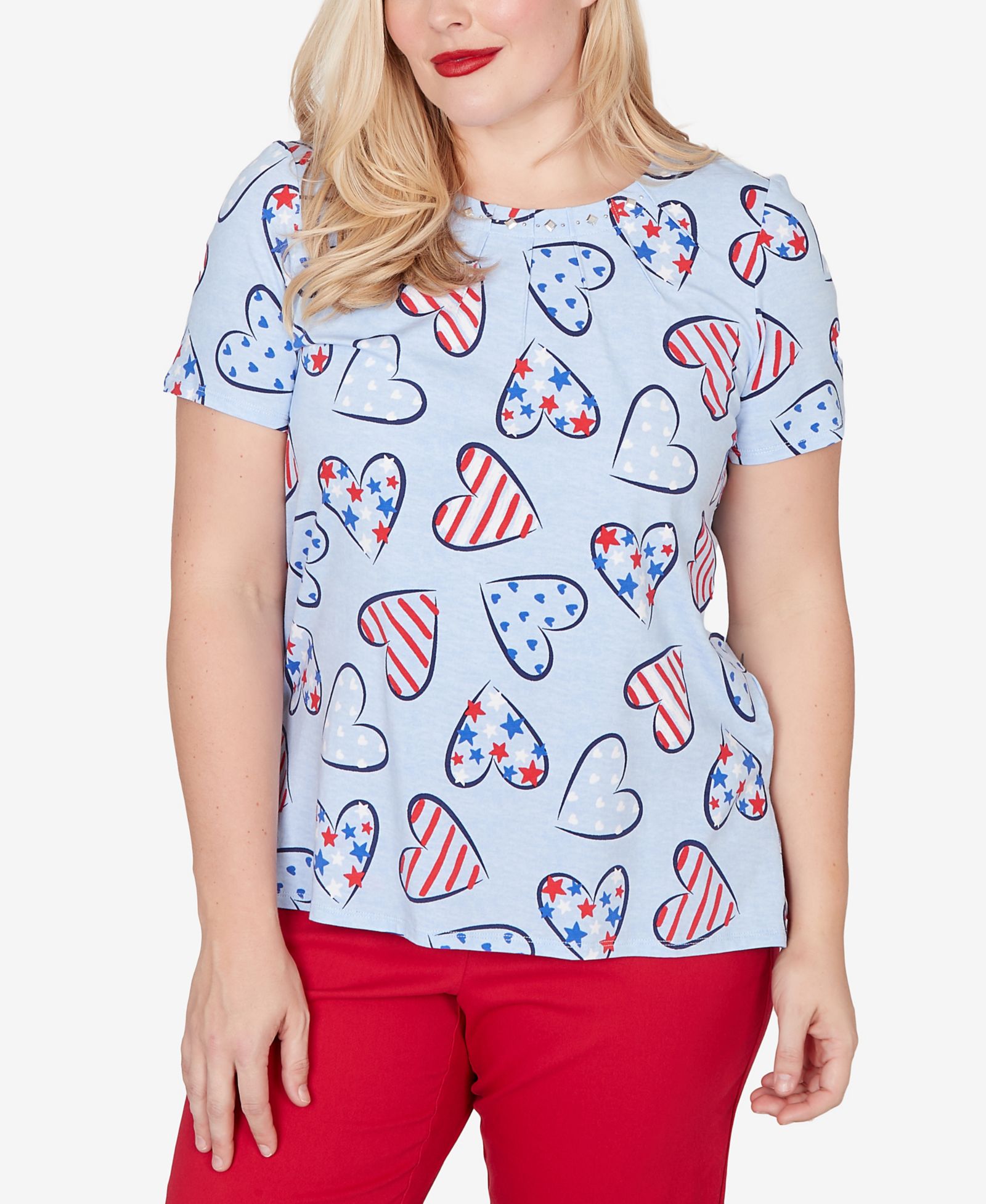 Alfred Dunner Women's Lady Liberty American Flag Hearts Printed T-Shirt