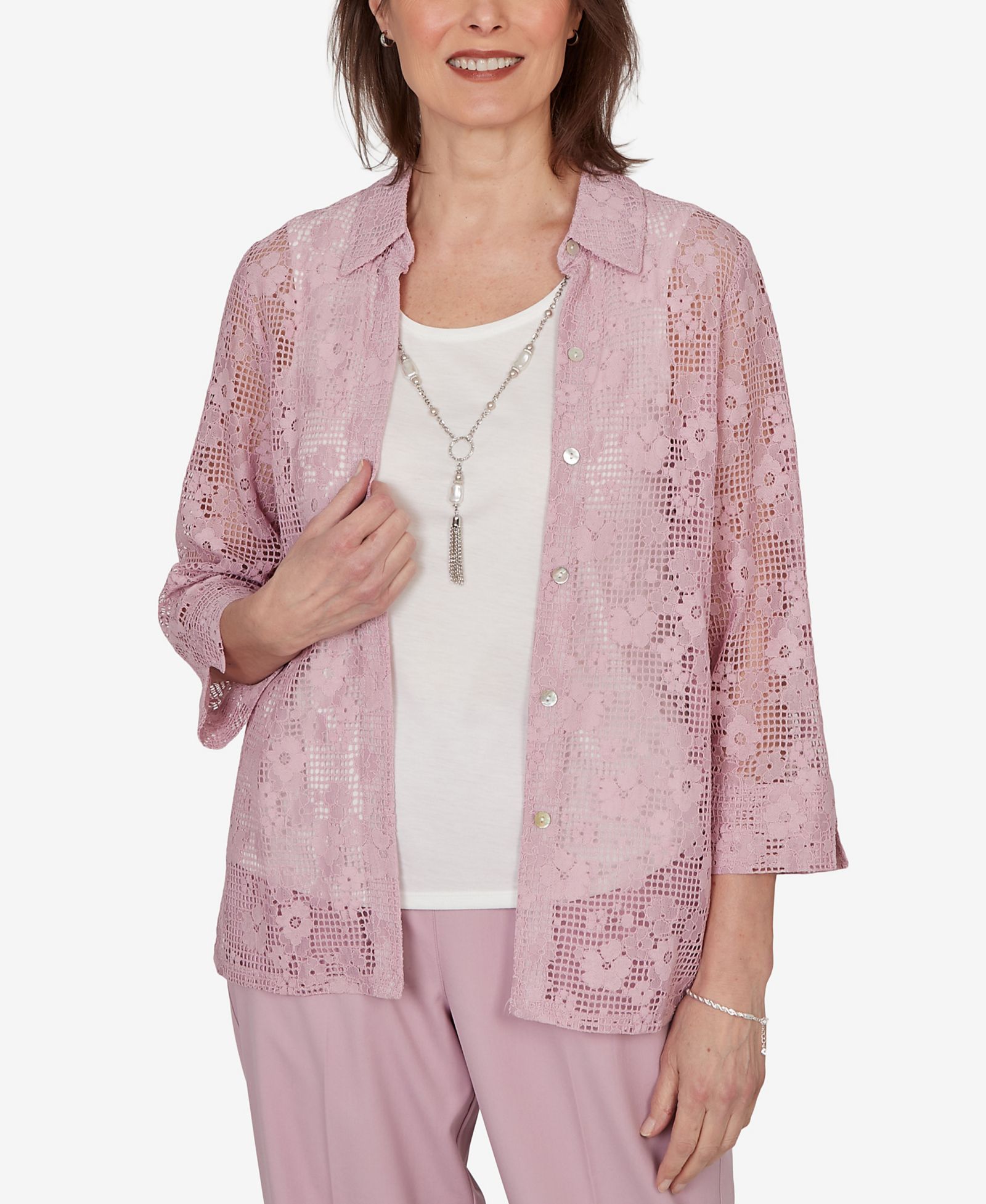 Alfred Dunner Women's Vintage Charm Floral Lace Two-In-One Top with Necklace