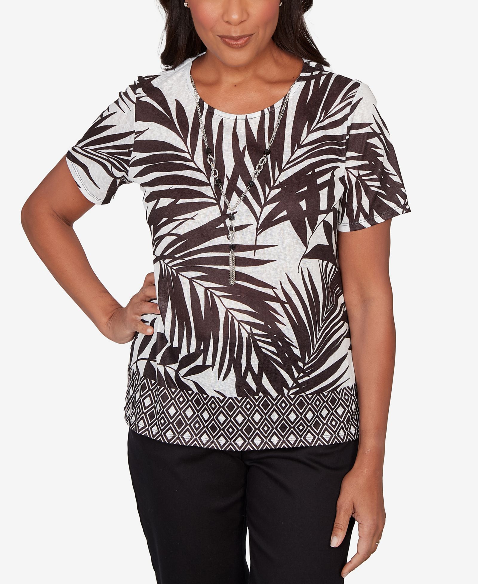Alfred Dunner Women's Detail Driven Tropical Diamond Border Crewneck T-shirt