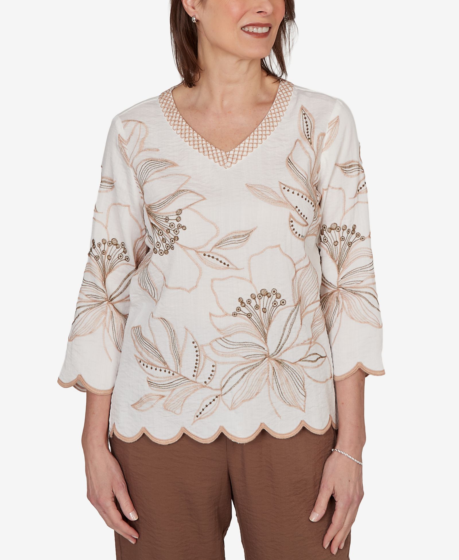 Alfred Dunner Women's Spice Market Embroidered Floral V-Neck Textured Top