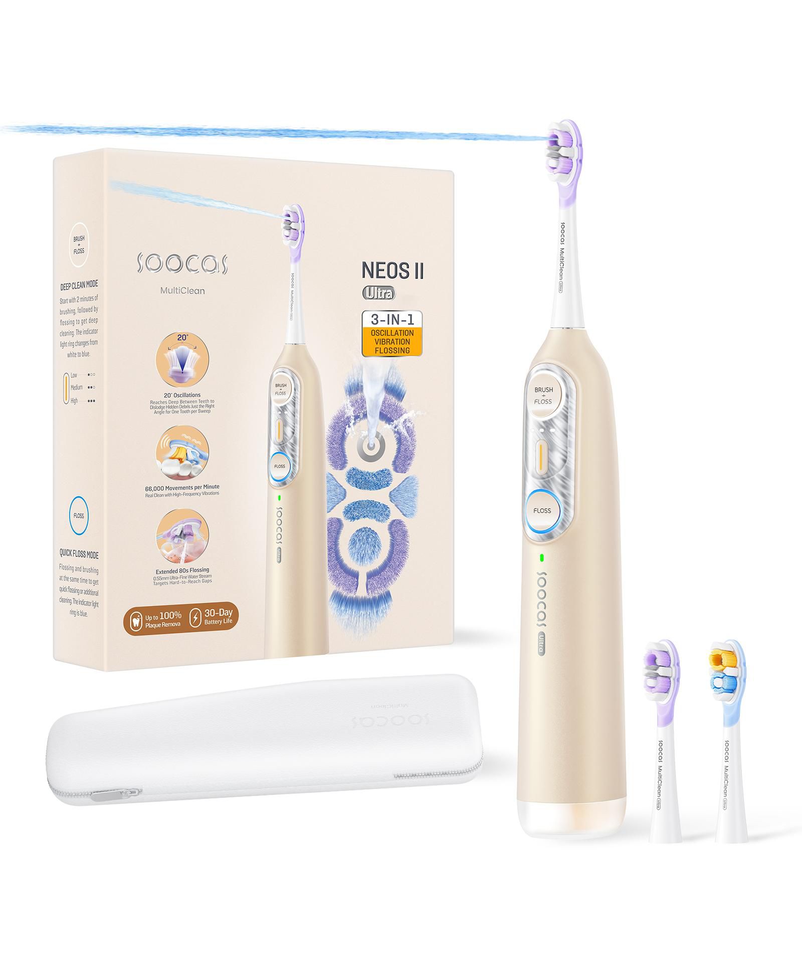 Soocas NEOS II Ultra - Electric Toothbrush with Water Flosser Combo, Flossing Toothbrush for Adults, Champagne Gold