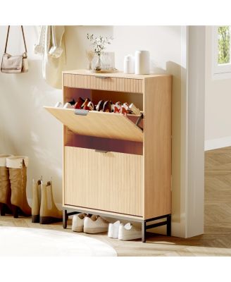 gaomon Modern Fluted Shoe Cabinet - 2 Flip +Large Drawer with Gold Handles & Adjustable Shoe Rack
